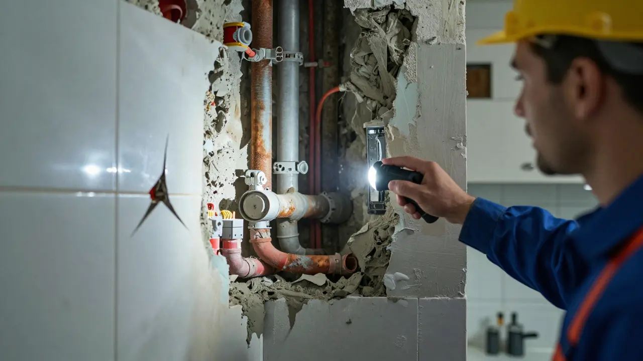 Skryté vady instalací za odstraňovanými dlaždicemi v koupelně