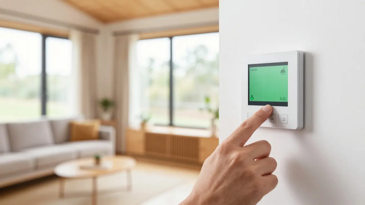 Technician adjusting a smart thermostat in a renovated, energy-efficient living room