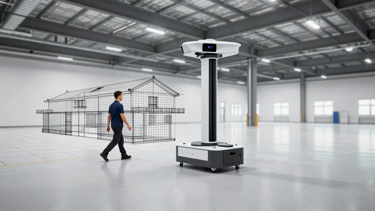 Technik provádějící mobilní 3D skenování velkého průmyslového prostoru