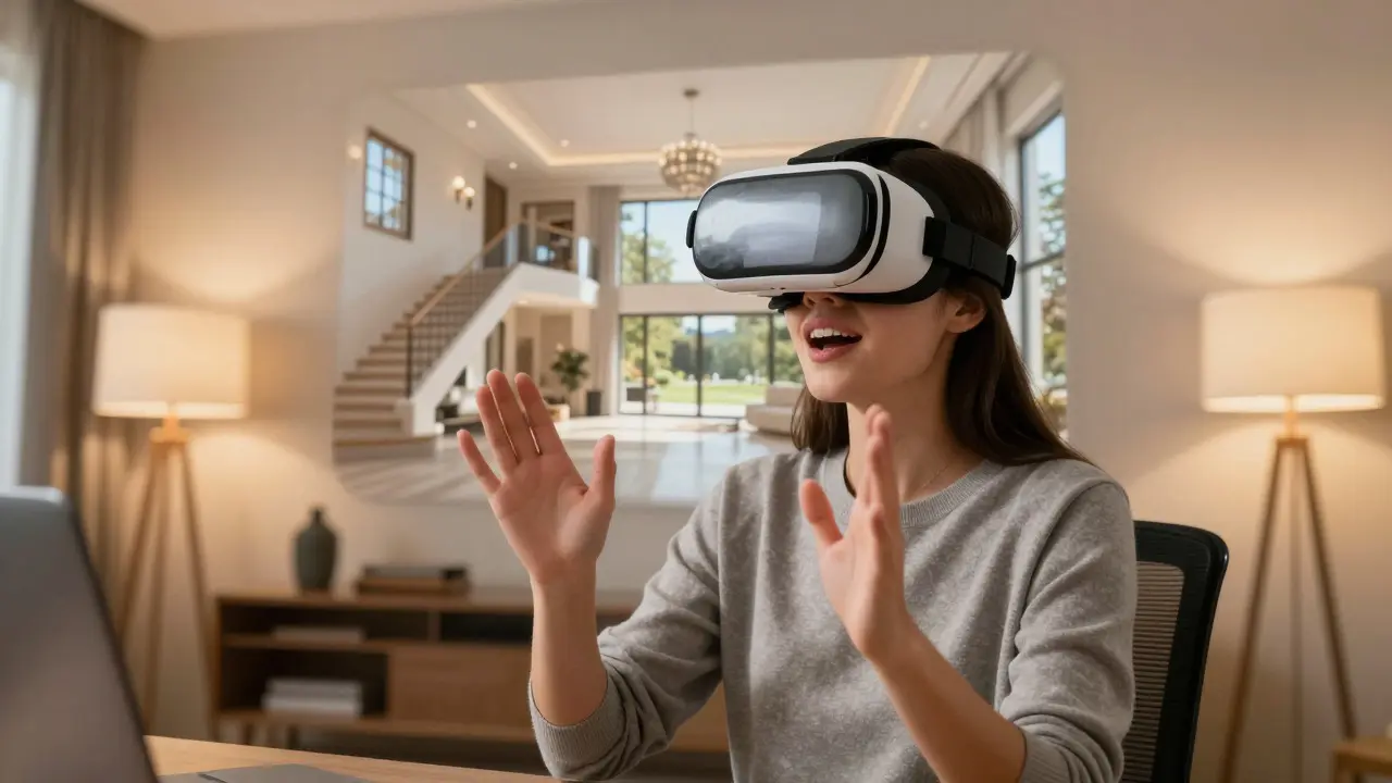 Zájemce o nemovitost používá VR brýle k virtuální prohlídce domu