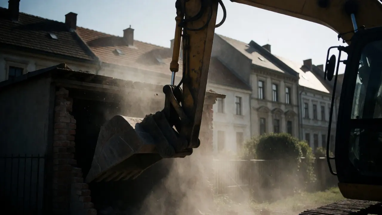 Bagr bourající neoprávněnou stavbu za dramatického osvětlení