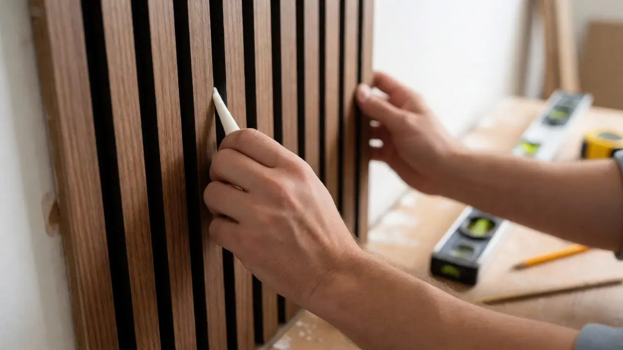 Detail montáže dřevěného akustického panelu na zeď pomocí lepidla