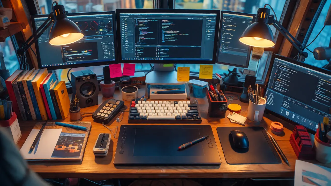 Hustě vybavený pracovní stůl s monitory a nástroji pro efektivní práci