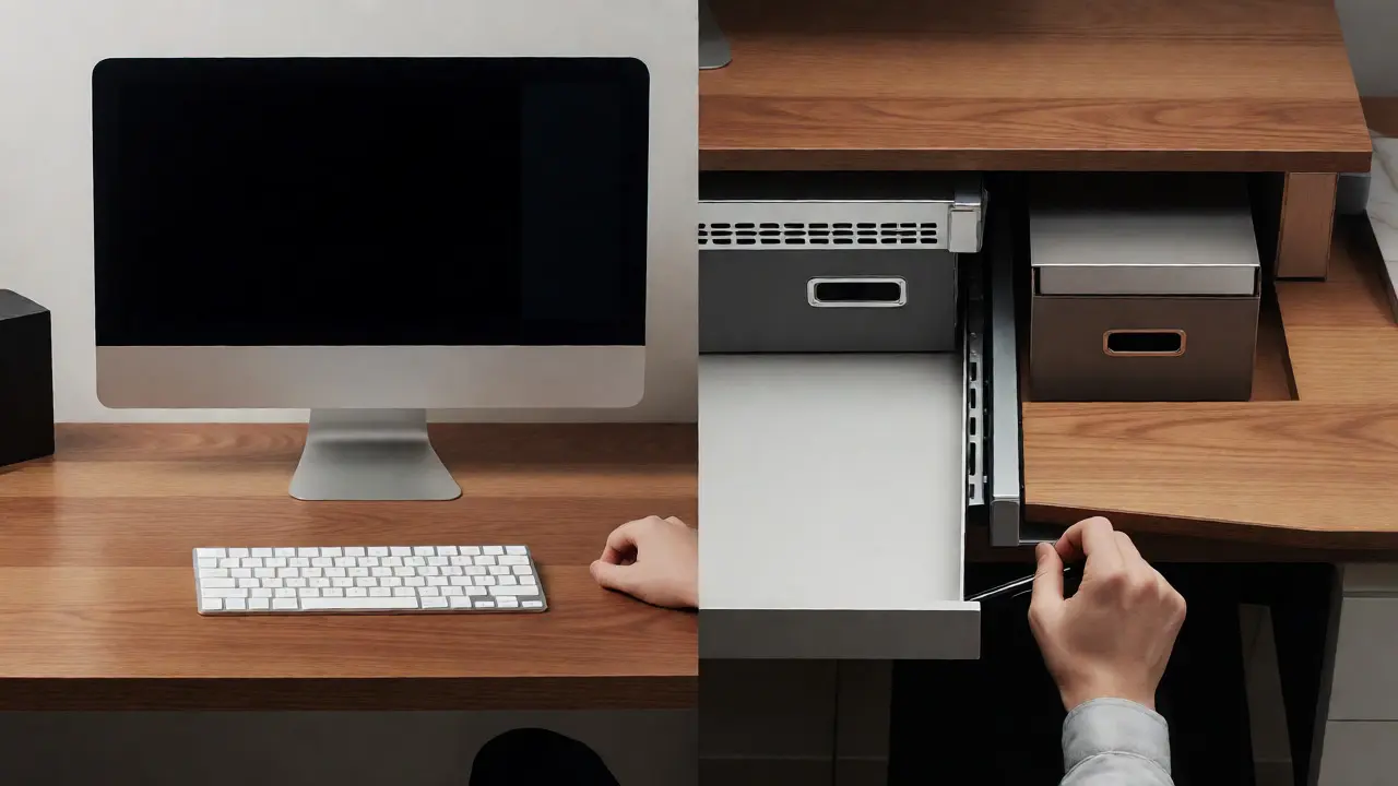 Hybridní pracovní plocha s úložnými zónami a ergonomickým uspořádáním