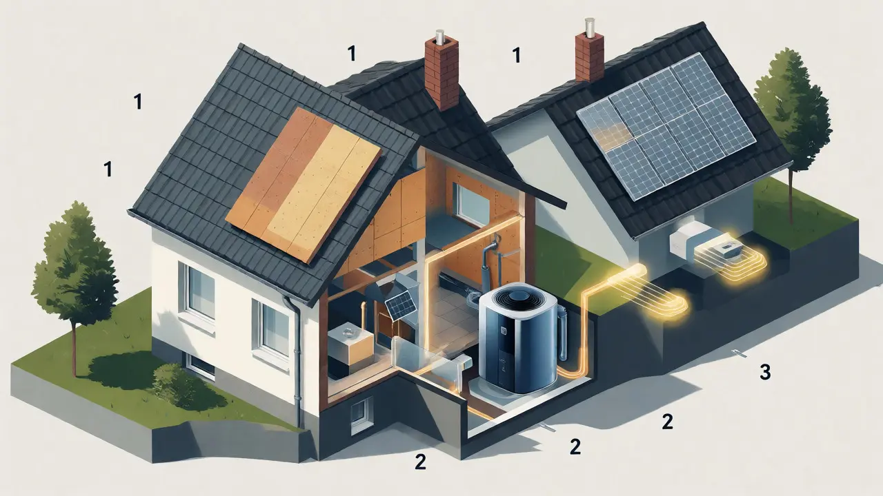 Ilustrace kroků energetické rekonstrukce: zateplení, výměna zdroje tepla a solární panely.
