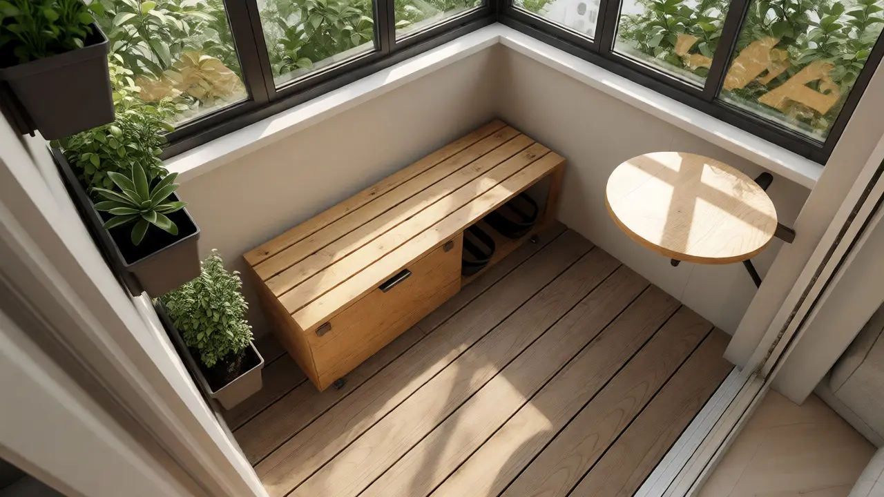 Moderní malý balkon s vertikální zahradou a multifunkčním nábytkem