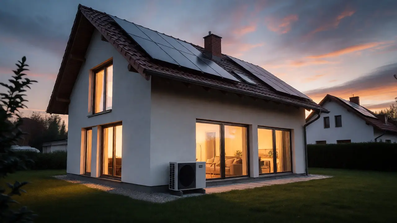 Modernizovaný rodinný dům se solárními panely a novým zateplením za soumraku.