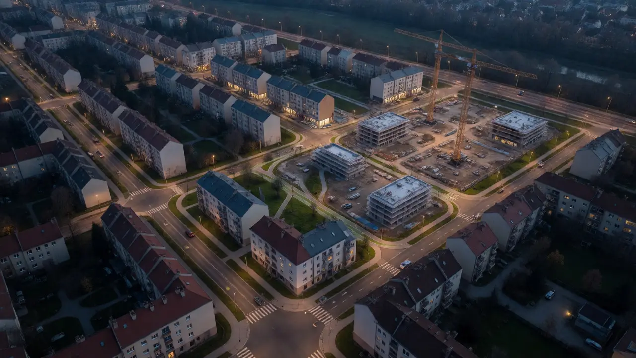 Pohled shora na rozvíjející se čtvrť při soumraku s jeřáby