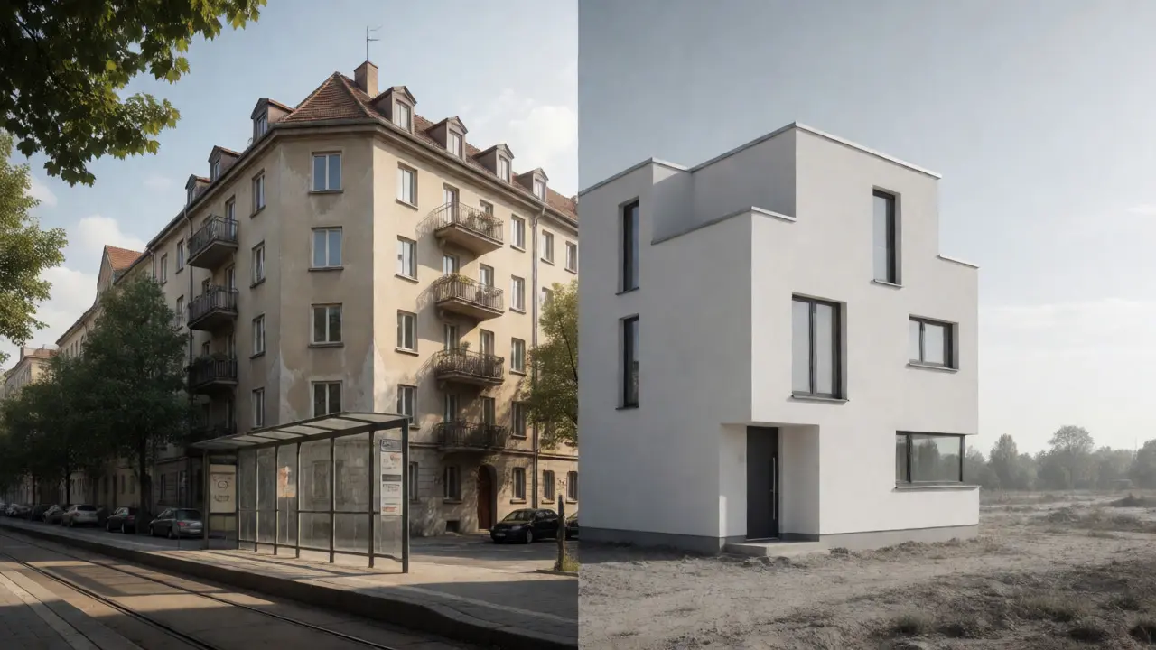Srovnání budovy v dobré lokalitě a novostavby na okraji města