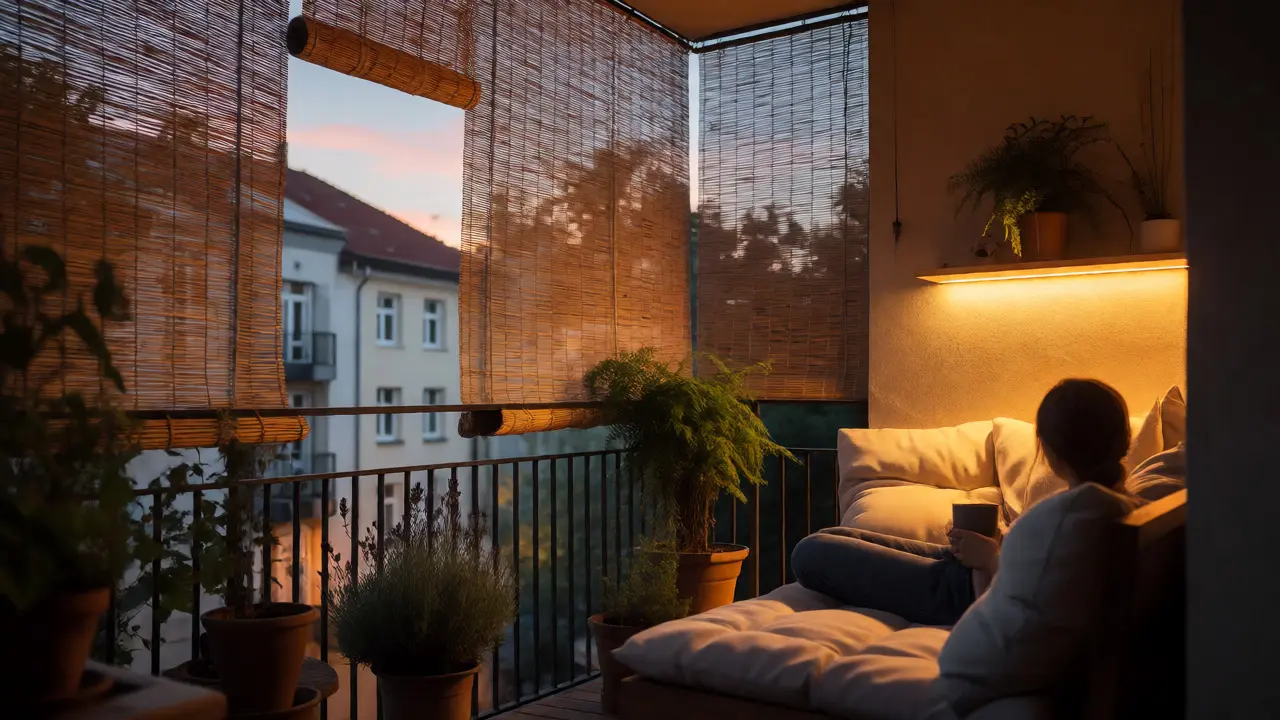 Útulný večerní balkon s měkkým osvětlením a rostlinami