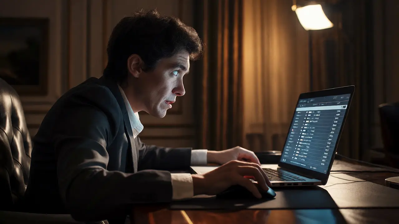 Bidder anxiously watching online auction on laptop
