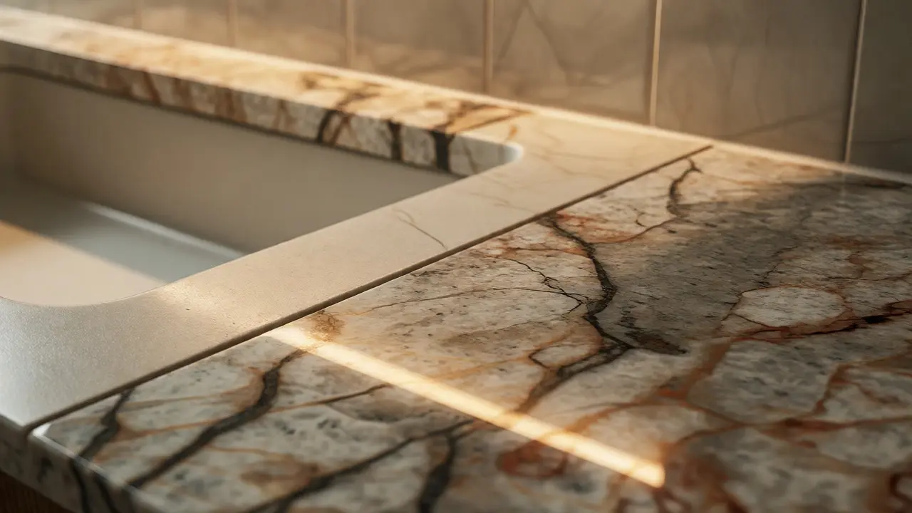 Detail přírodních materiálů jako mramor a keramika v koupelně