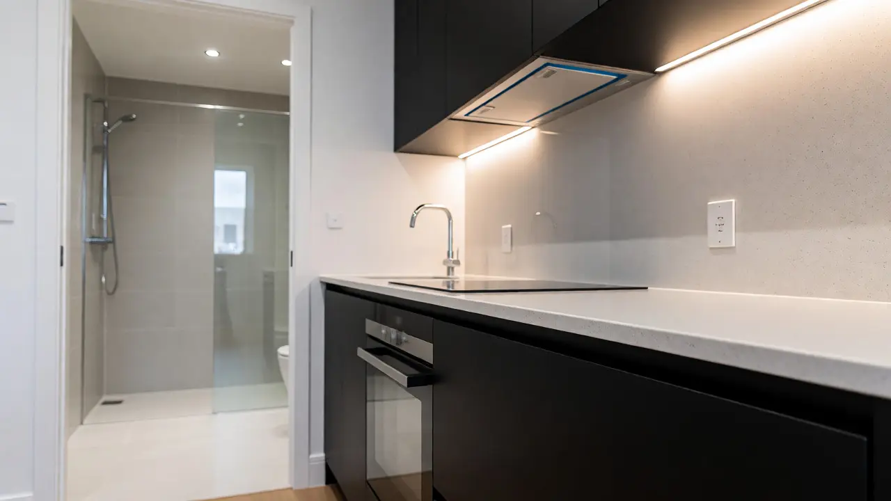 Detailní pohled na moderní kuchyňský ostrov a přilehlou koupelnu s kvalitními materiály.