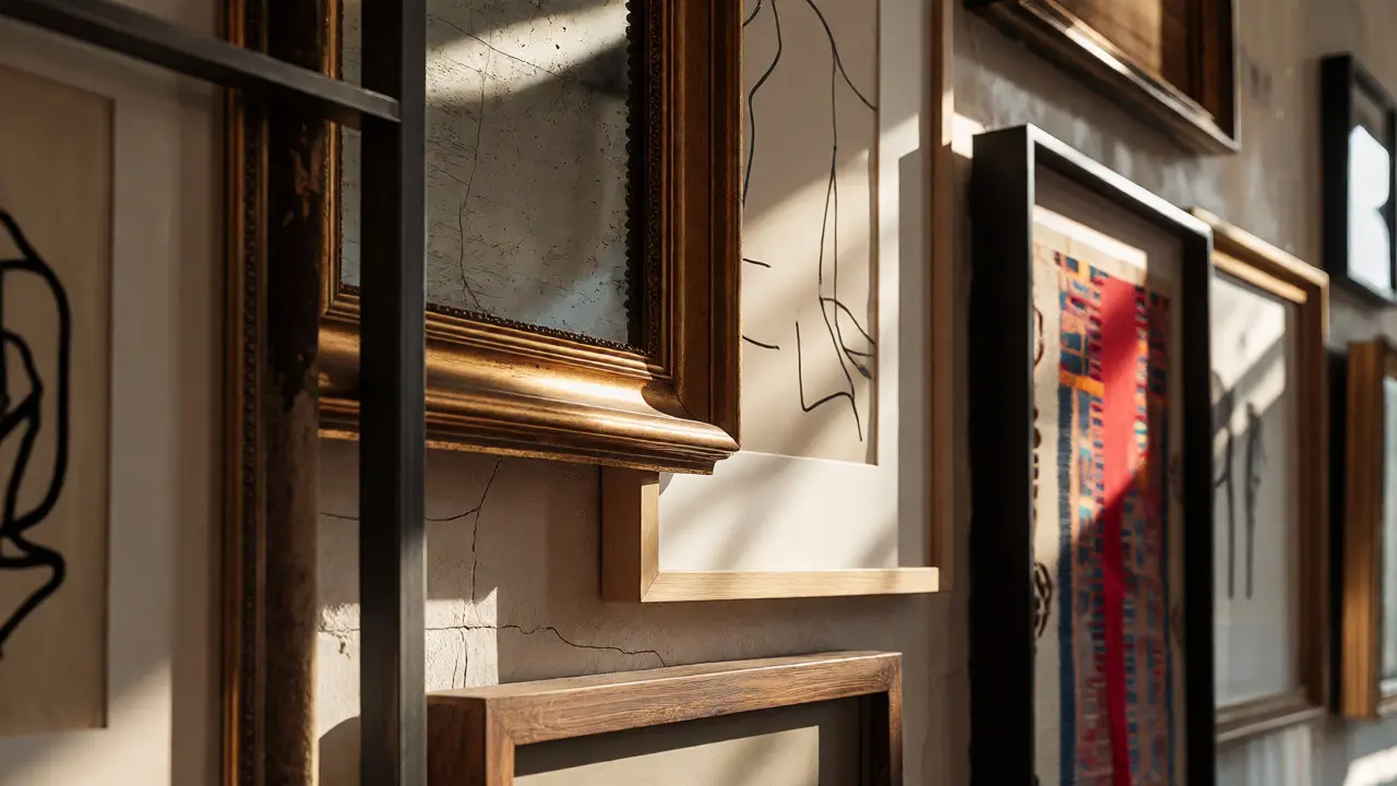 Detailní pohled na překrývající se rámy a materiály nástěnné galerie