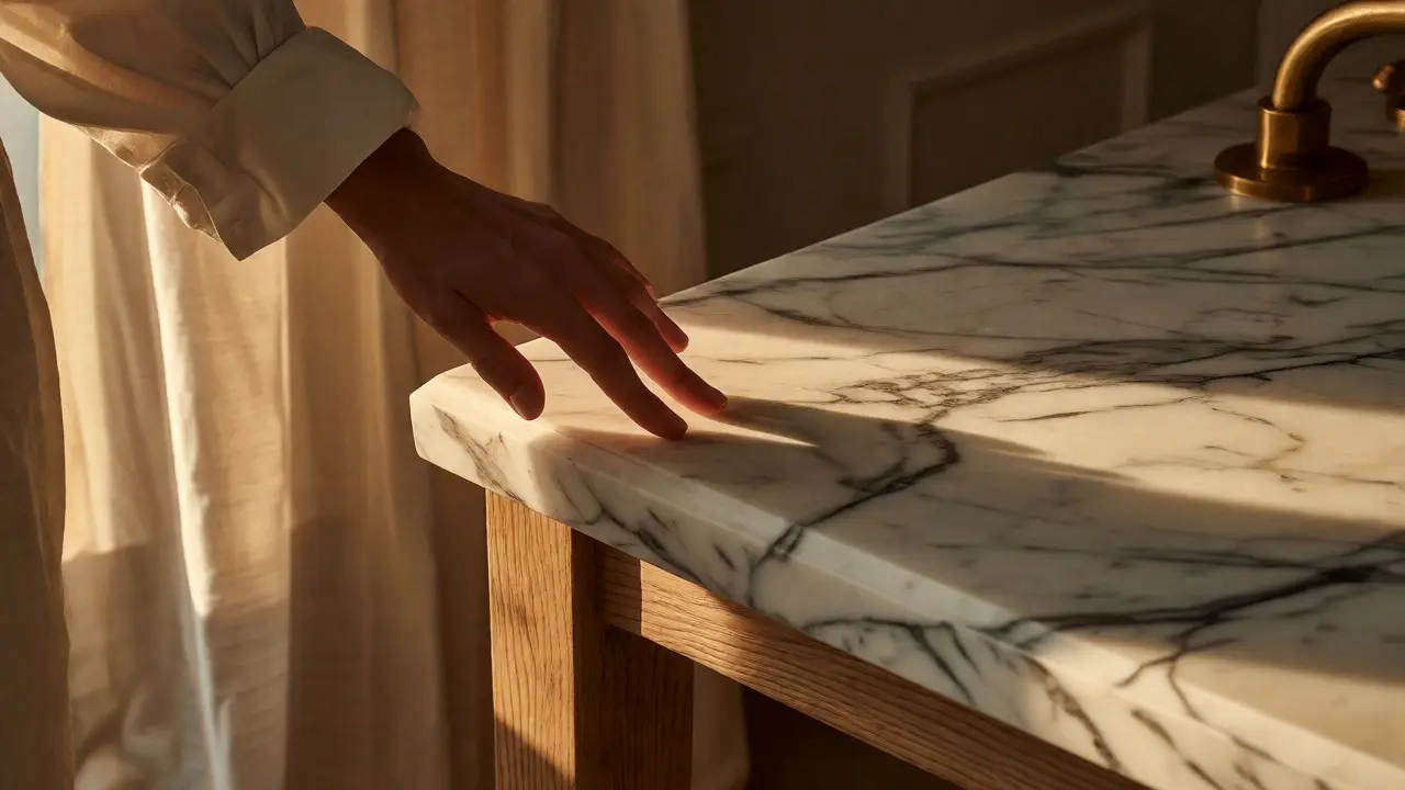 Detailní pohled na prémiové materiály jako mramor a dřevo