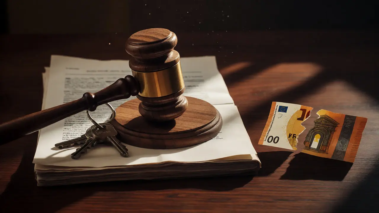 Gavel on legal documents and torn money