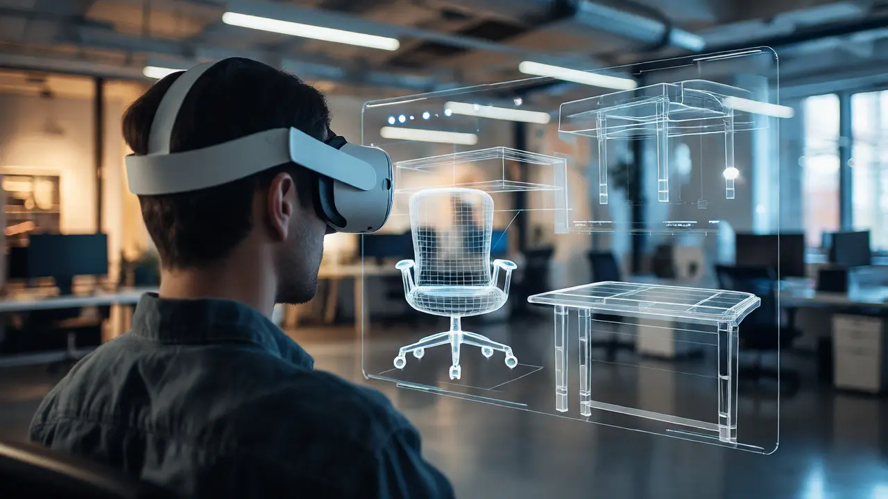 Klient s brýlemi VR manipulující s digitálním modelem nábytku ve studiu