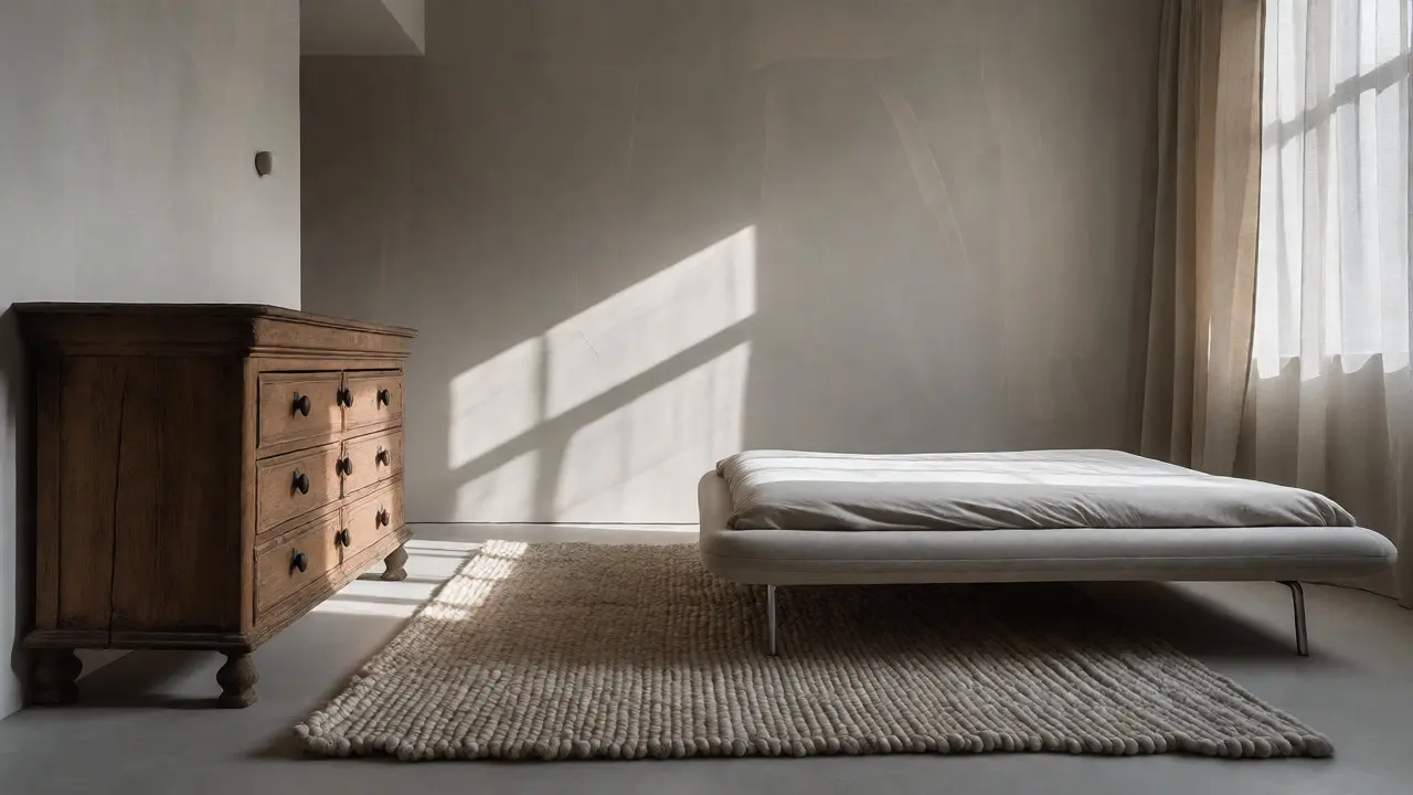 Ložnice kombinující moderní postel a rustikální komod