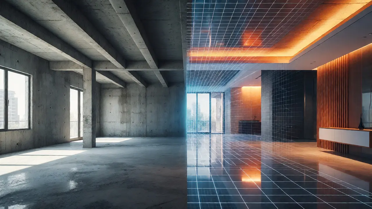 Porovnání hrubé stavby a hotového interiéru pomocí virtuální reality
