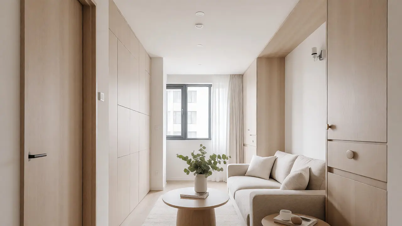 Prostorný obývací pokoj zařízený ve stylu home staging s vestavěnými skříněmi a neutrálními barvami.
