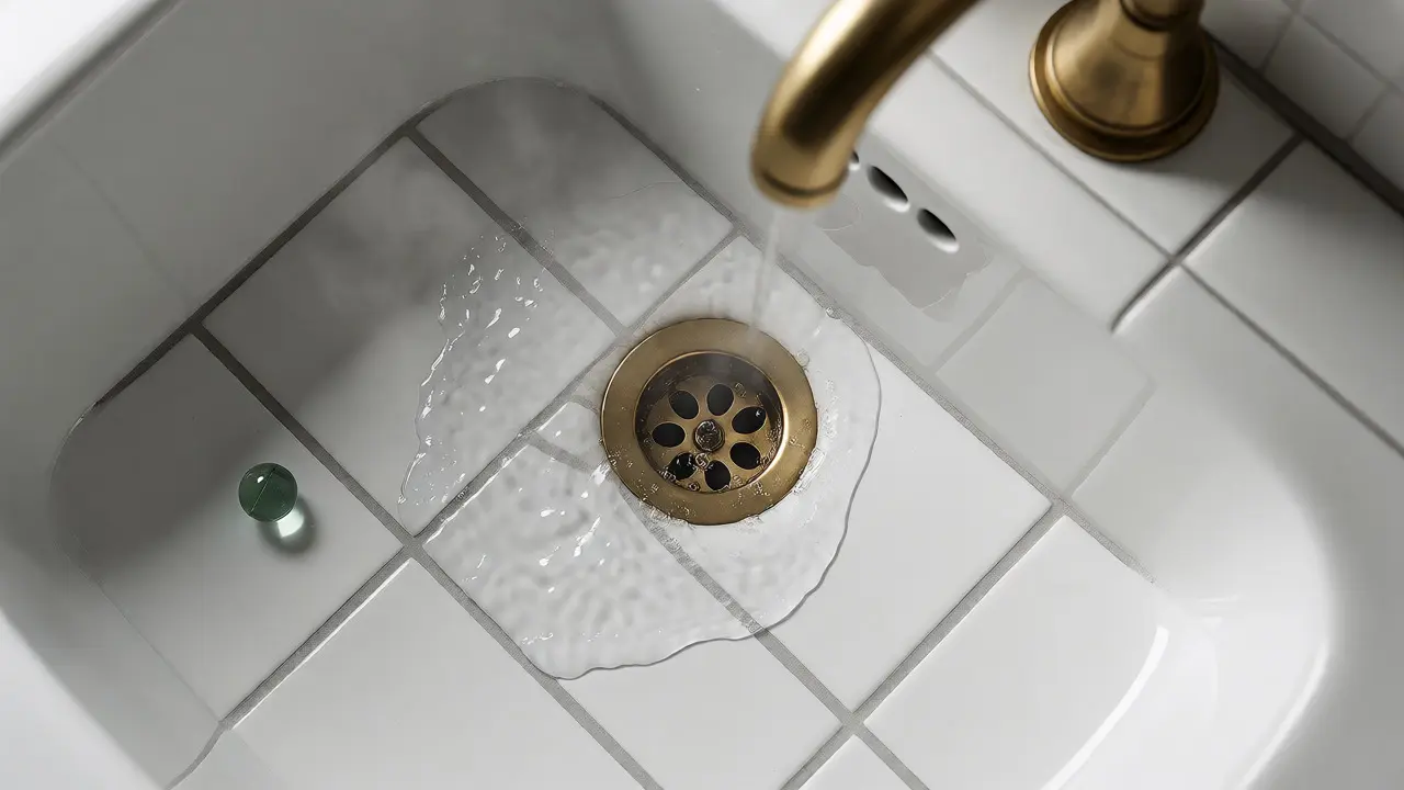 Voda odtéká z umyvadla s bublinkami, na podlaze skleněná kulička