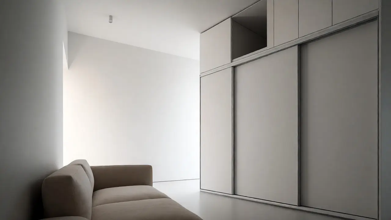 Vysoká vestavěná skříň až ke stropu v minimalistickém obýváku.